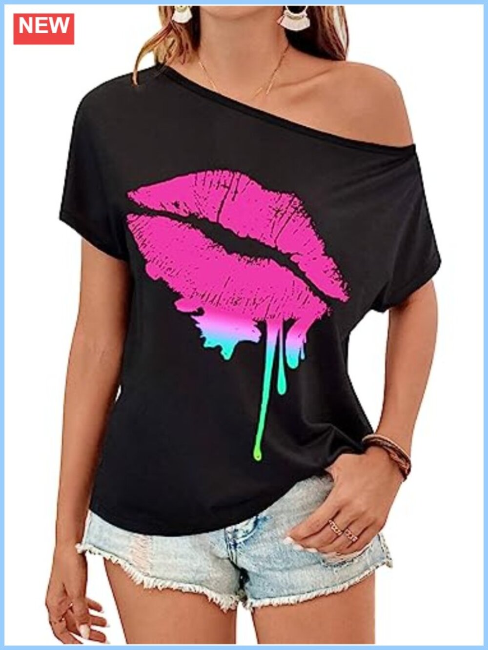 80s Off Shoulder Graphic Tee Women Party Costume Top Polyester